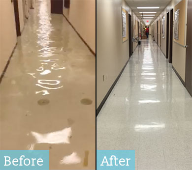Before and after picture of water flooding a hallway